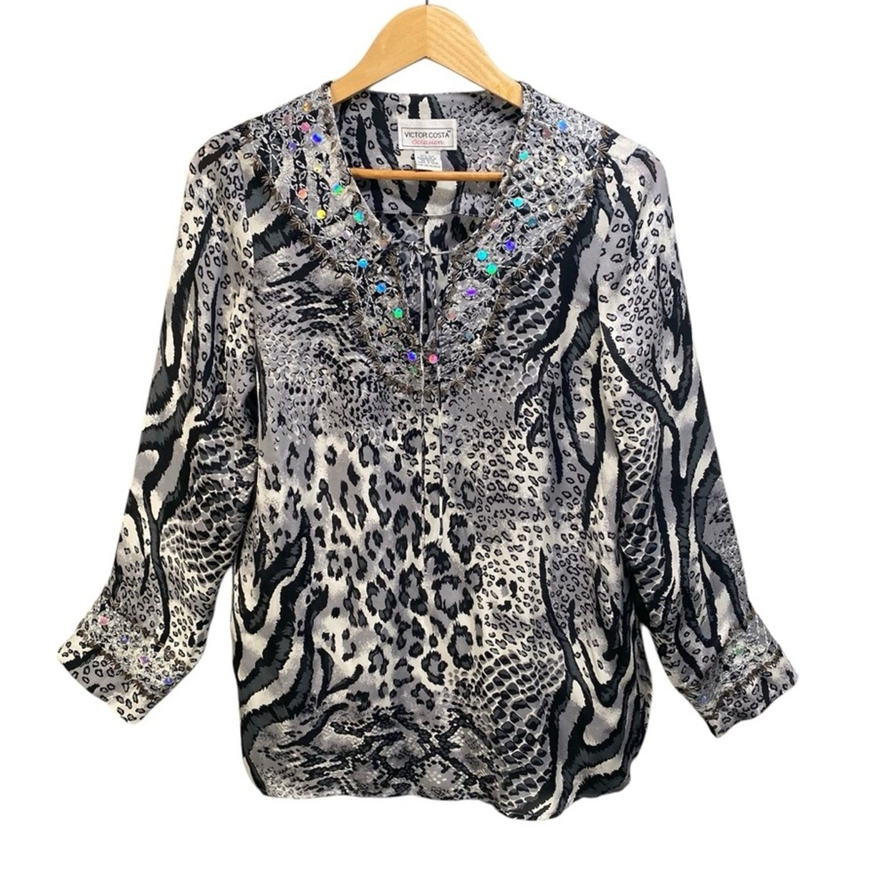 Victor Costa Silk Animal Print Tunic Size Medium‎ Sequin Beaded Mob Wife Glam
